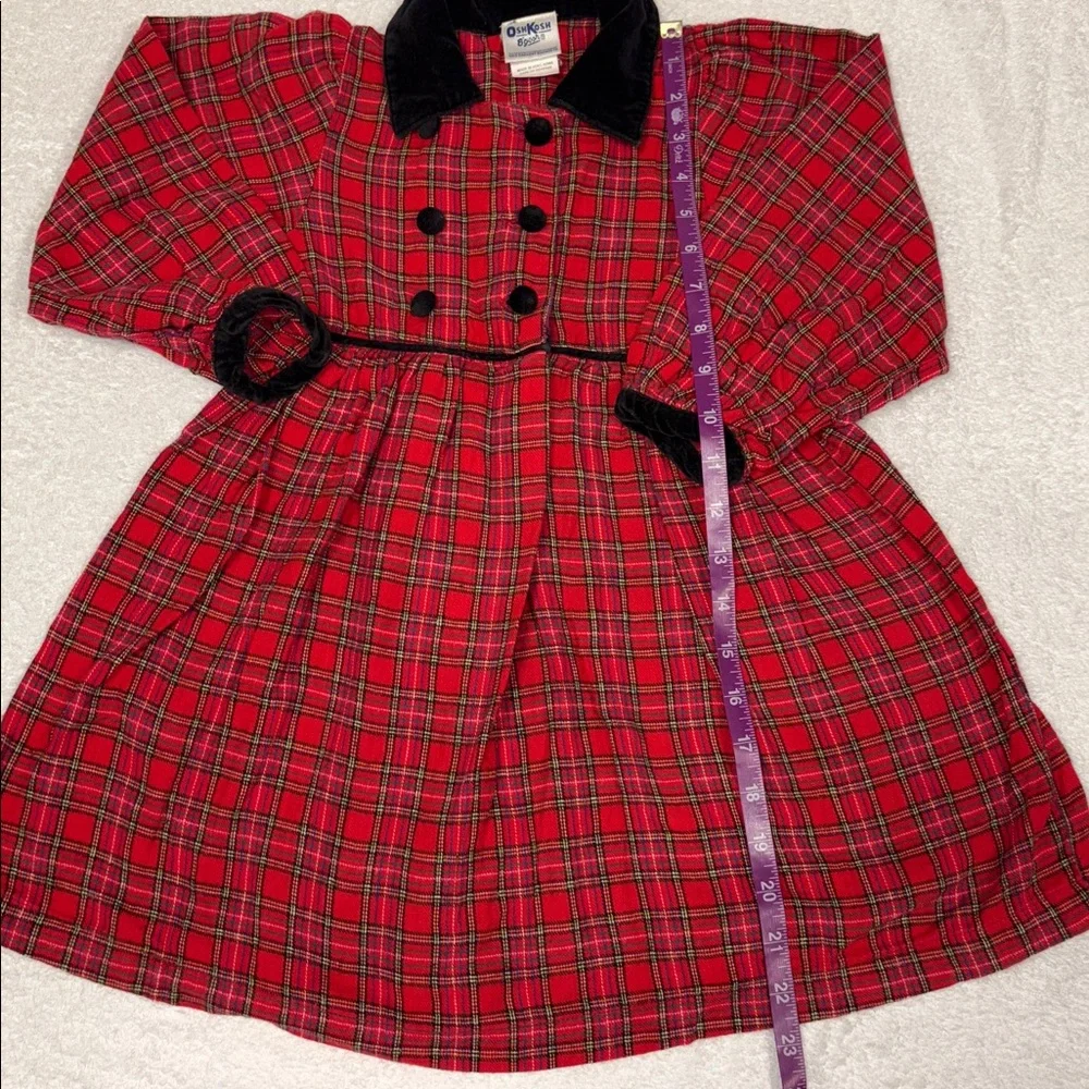 Vintage OshKosh B'gosh Red long sleeve Plaid black velvet trimmed dress girls 5
